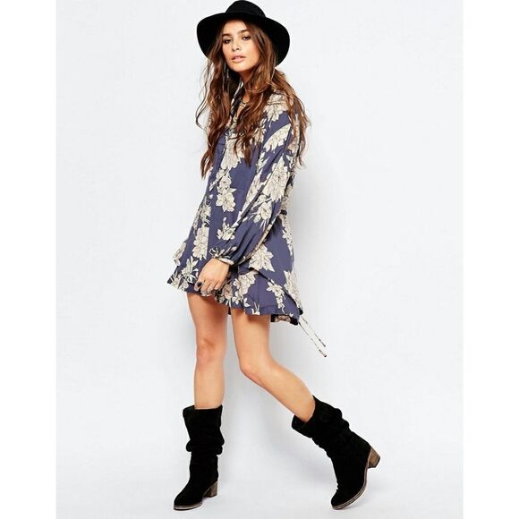 New! FREE PEOPLE Women's 70's Style Floral Double-hem Mini Shirt Dress Size XS - Picture 1 of 5